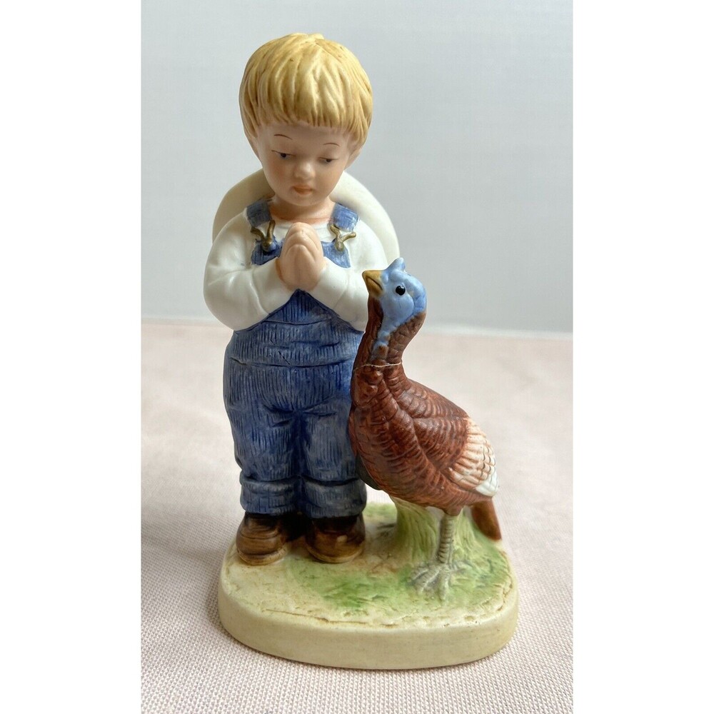 Homco 1985 Denim Days Collection Praying Boy With Turkey Porcelain Figurine